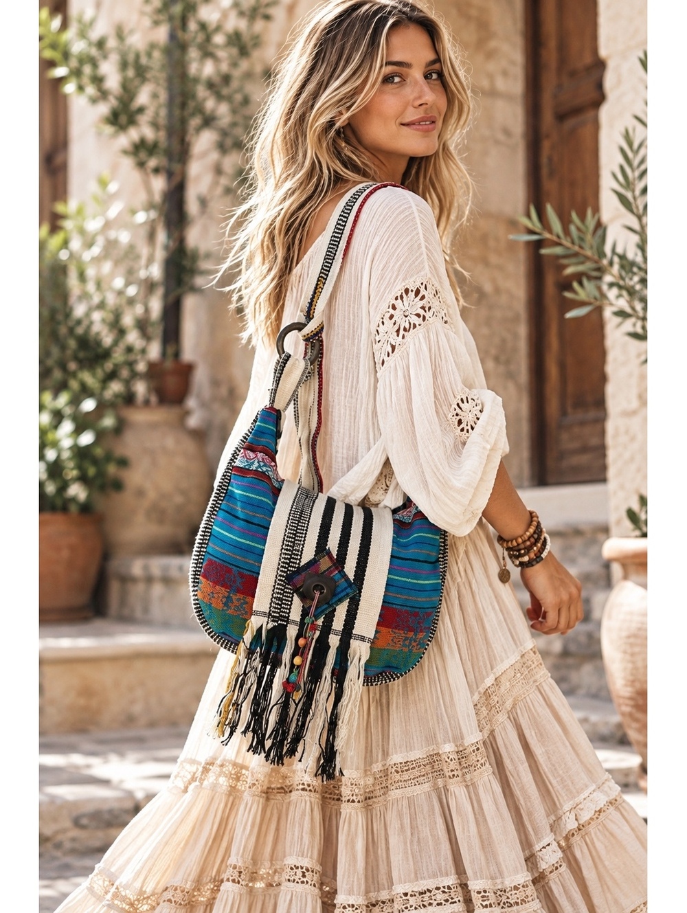 Woven Boho Shoulder Bag Striped Textile Tassels Adjustable Strap